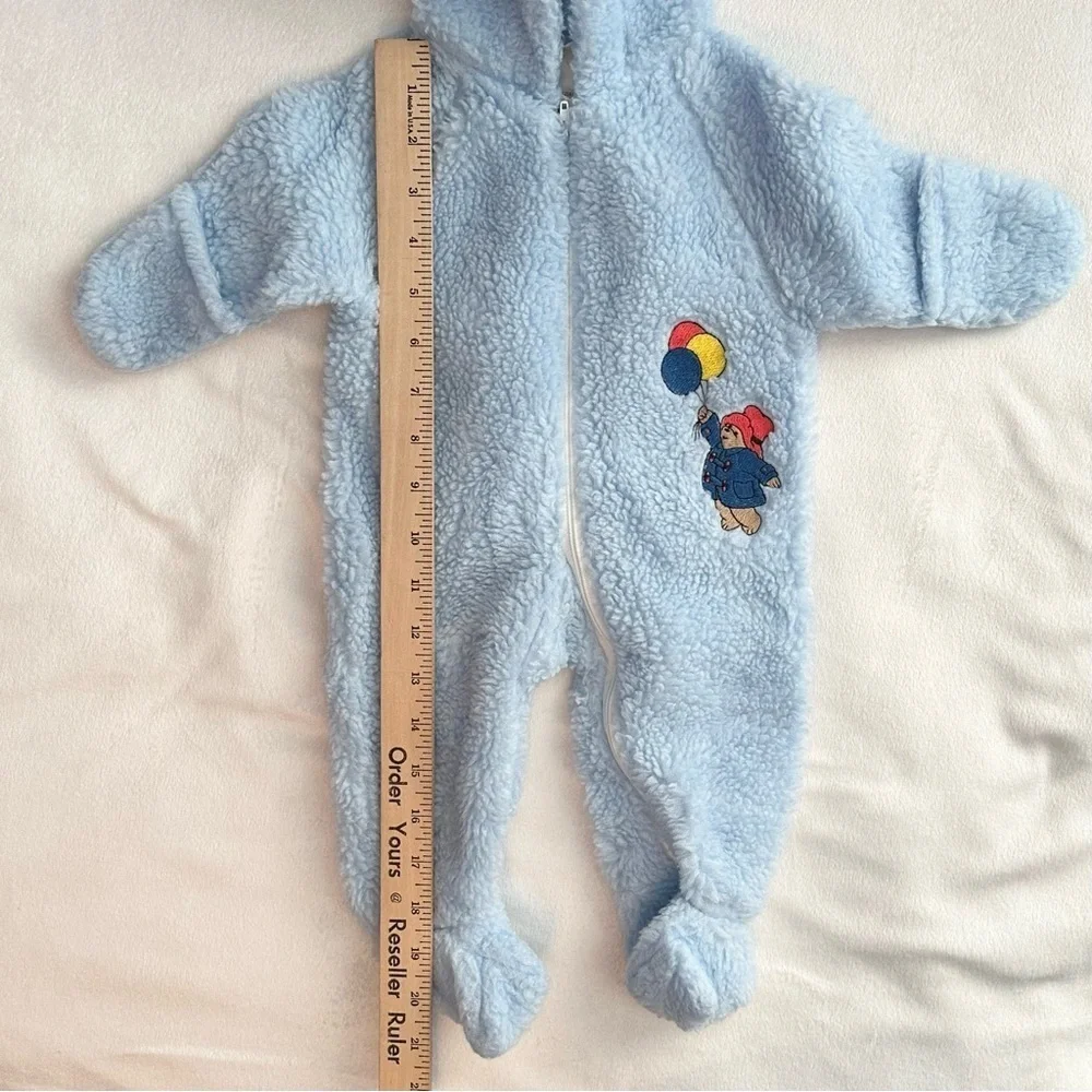 Vtg Paddington Baby Blue Fuzzy Sherpa Hooded Footie Outfit 0-6M bodysuit snow